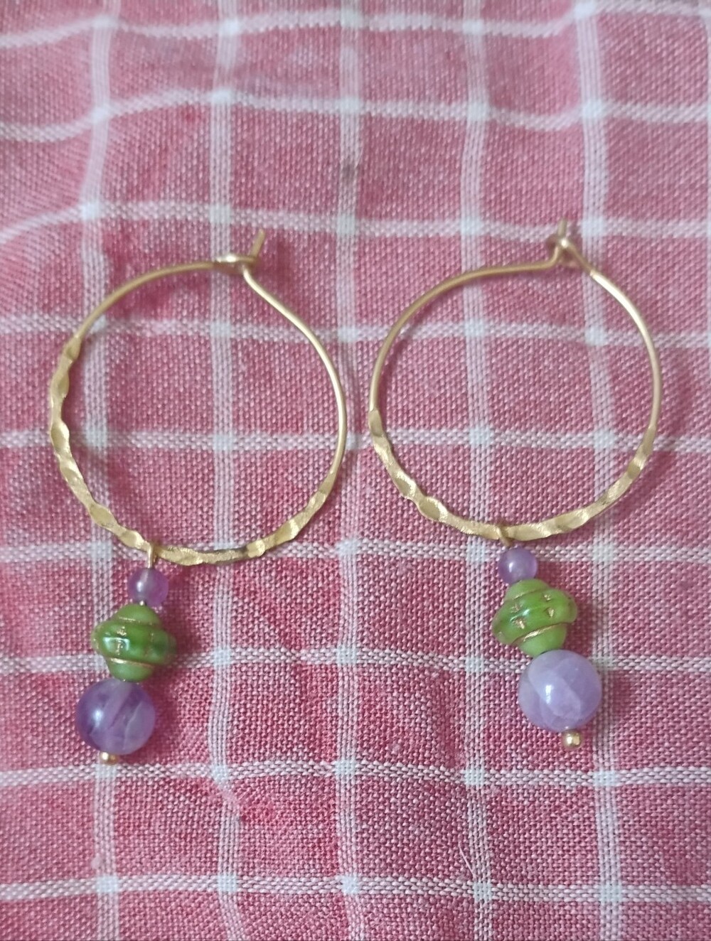 Handmade Fluorite, Amethyst, and Czech Glass Charm Hoops